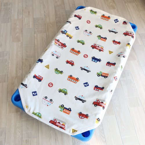 メール便で送料無料 4重ガーゼお昼寝コットカバー【くるまパーク ホワイト】L(60cm×150cm)日本製(フジキ)