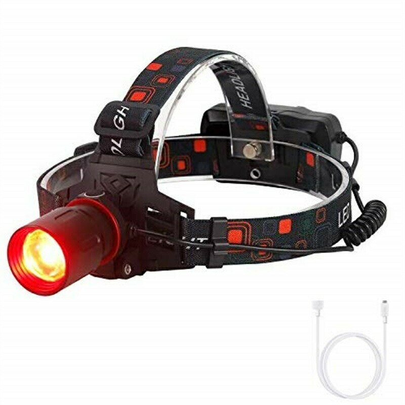 赤灯ヘッドランプ USB充電式ヘッドライト ズーム可能 赤色LED ハンティングライト 防水 赤い光 USBケーブル付き 狩猟 夜釣り 天文学 天体観測 夜間の撮影用