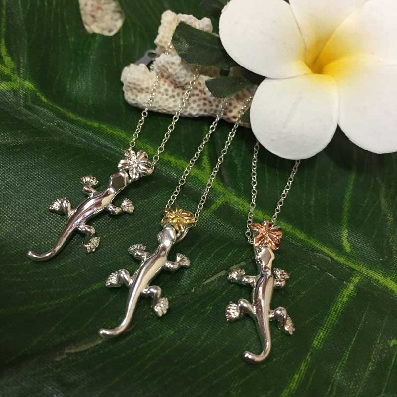 【30日 全商品 ポイント 2倍】 ハワイアンジュエリー チェーン付きシルバー ペンダントネックレス ゲッコー×プルメリア ハワイアンアクセサリー レディース ...
