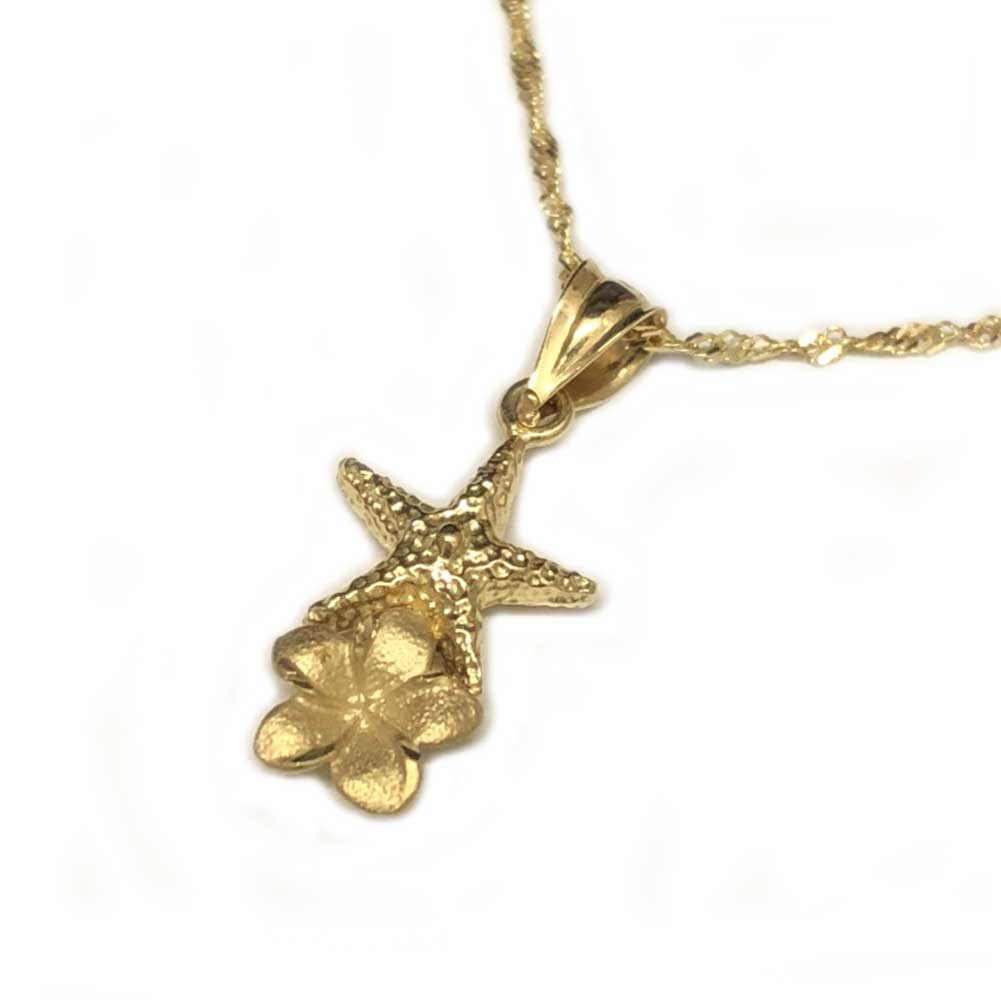 【30日 全商品 ポイント 2倍】 14金ネックレス ハワイアンジュエリー 14k シンガポールチェーン付きスターフィッシュ×プルメリアネックレス ハワイアンア...