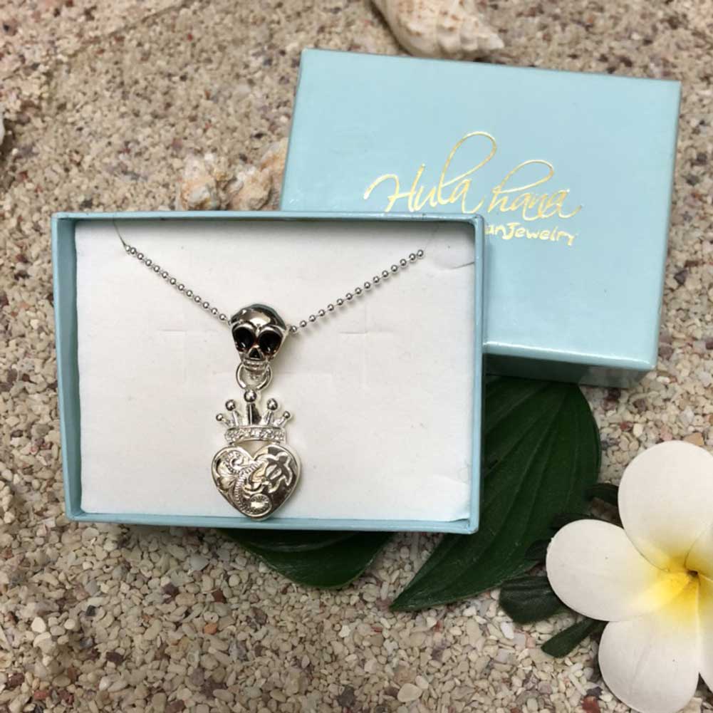 【30日 全商品 ポイント 2倍】 ハワイアンジュエリー シルバー チェーン付き スカルクラウンハート ペンダントネックレス クリスマスギフト プレゼント 誕生...