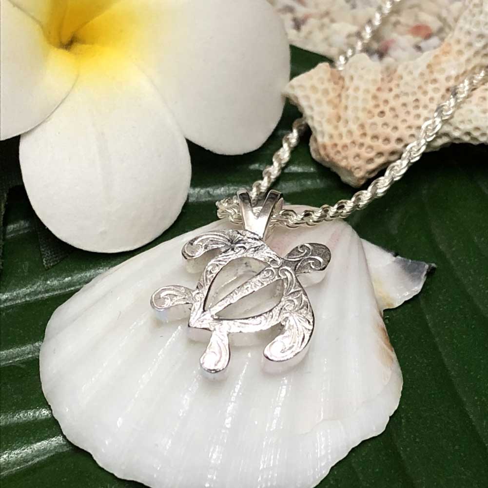 【30日 全商品 ポイント 2倍】 ハワイアンジュエリー ネックレス レディース ホヌ シルバー チェーン 50cm 付 カットフレンチ チェーン ペアネックレ...