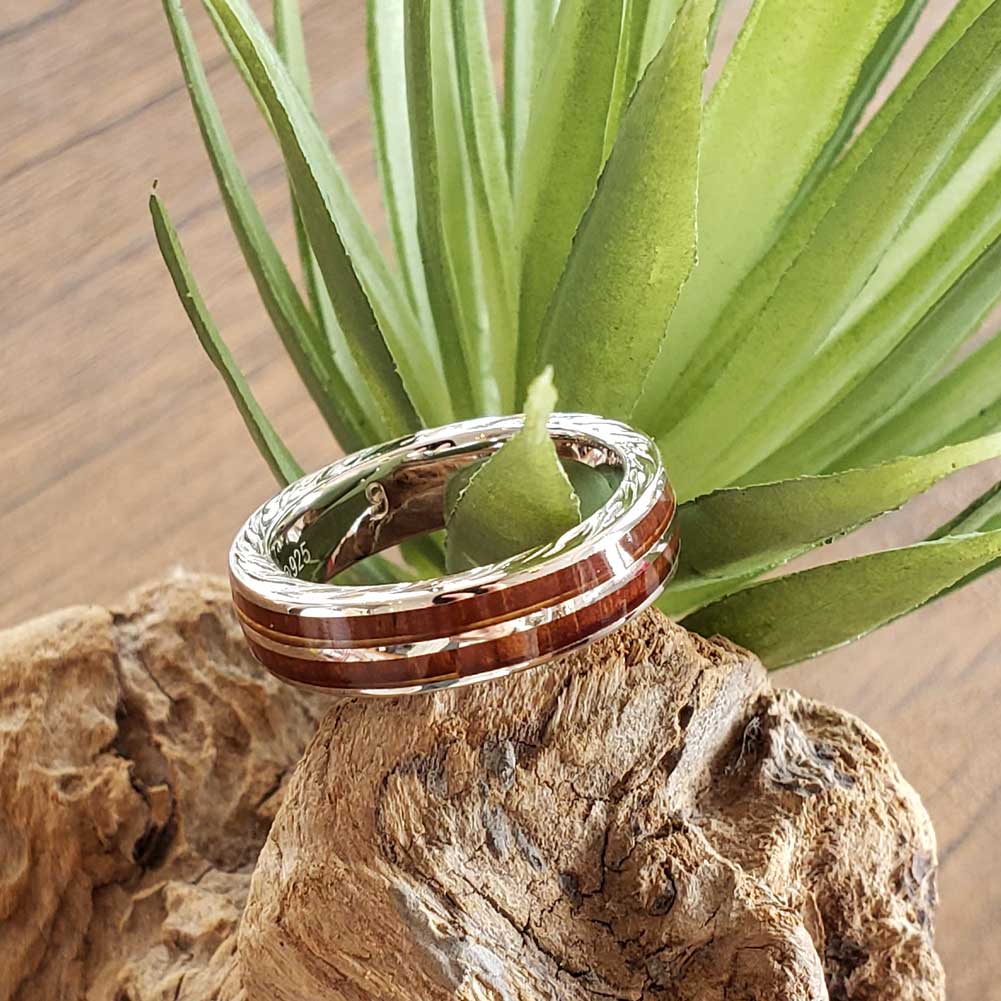 【30日 全商品 ポイント 2倍】 ハワイアンジュエリーシルバーリング コアウッドフラットリング バレル マイレ 指輪 彫り ペアリング 木 レディース メンズ...