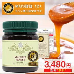 マヌカハニー 12+ が3480円＆送料無料！モラン博士認定書付き MGS認証 MG400以上【期間限定目玉商品】どなたでもOK！おためしにも！250g 生 はちみつ 非加熱 無添加 マリリニュージーランド マヌカハニー モノフローラル マヌカゴールド 【分析書/認定書付き】【送料無料】