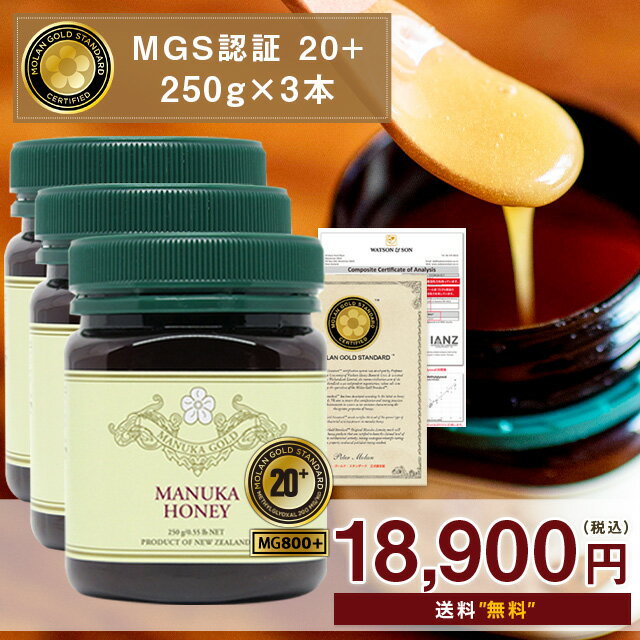 マヌカハニー 20+ 最高峰のMG800+ もっともお得な3本セット！250g×3本 MGS認証 MG800以上 【分析書/認定書付き】 生 はちみつ 非加熱 ..