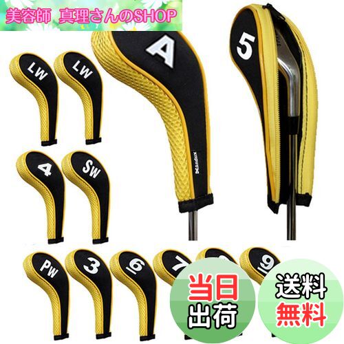 【送料無料】Andux 番手プリント ゴルフ アイアンカバー ファスナー付き ロングネック 12個/セット (ブラック+イエロー)