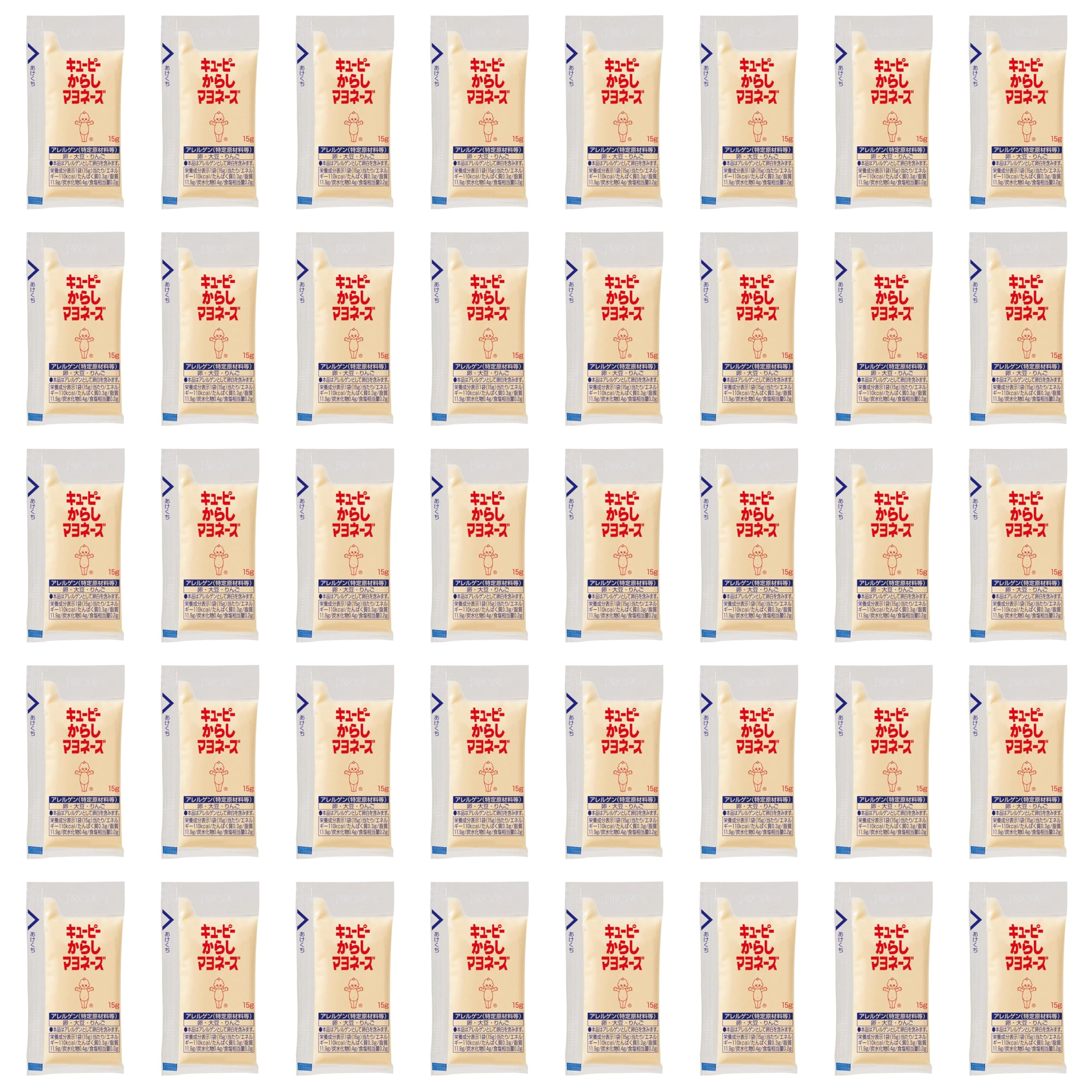 商品情報商品の説明商品紹介 辛子本来のおいしさを感じられる卵黄を使用したマヨネーズです。辛味とうま味が素材の味を引き立てますので、お好み焼き、たこ焼き、おつまみ等の添付に最適です。 原材料・成分 食用植物油脂(国内製造)、卵黄、醸造酢、食塩、香辛料/調味料(アミノ酸)、香辛料抽出物、(一部に卵・大豆・りんごを含む)主な仕様 食用植物油脂(国内製造)、卵黄、醸造酢、食塩、香辛料/調味料(アミノ酸)、香辛料抽出物、(一部に卵・大豆・りんごを含む)一部に卵・大豆・りんごを含む1袋(15g)当たり；エネルギー110Kcal,たんぱく質0.3g,脂質11.9g,炭水化物0.4g,食塩相当量0.2gbr原材料: 食用植物油脂(国内製造)、卵黄、醸造酢、食塩、香辛料/調味料(アミノ酸)、香辛料抽出物、(一部に卵・大豆・りんごを含む)ブラント名: キユーピー 業務用商品