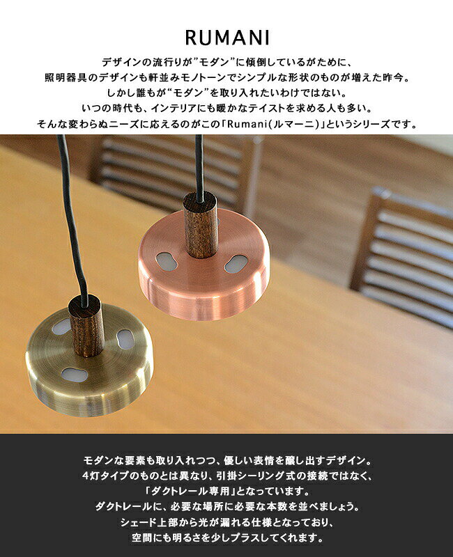 ダクトレール専用 LEDペンダントライト 1灯 Rumani ルマーニ ペンダントライト おしゃれ 明るい 照明 ダイニング ライティングレール キッチン カウンター カフェ 北欧 ナチュラル モダン ウッド スチール ゴールド ブロンズ 位相調光対応 間接 SWAN スワン電器(CP4 (PX10