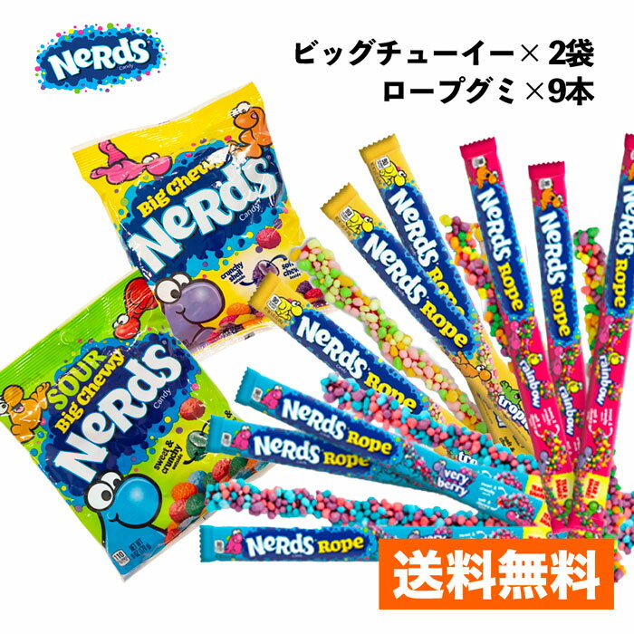 【佐川急便60サイズ 送料無料 ロープグミ＆ビッグチューイー11袋セット】ナーズ ロープ Nerds rope ロープグミ レインボー ベリーベリー トロピカル3種 9本 ビッグチューイー サワービッグチューイー 2種 2袋 合計11袋セット YOU TUBE インスタ映え