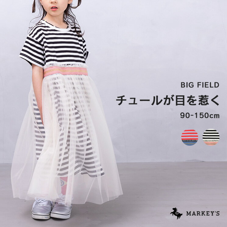 【TIME SALE／10%OFF】 ボーダーチュールワンピース マーキーズ 子供服 キッズ ベビー 女の子 ワンピース 半袖 2023SS 90cm 100cm 110cm 120cm 130cm 140cm 150cmのサムネイル