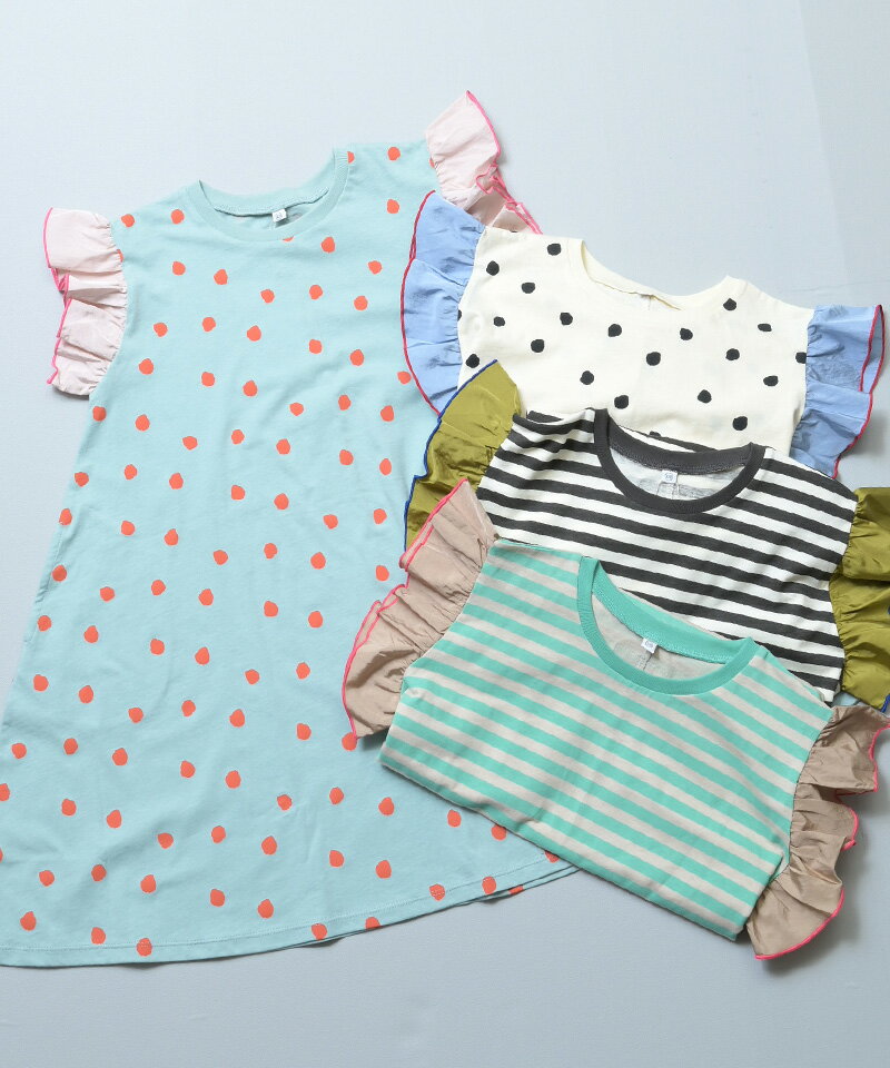 サテンフリルショルダーワンピース 子供服 女の子 ベビー 半袖 ワンピース Tシャツ...
