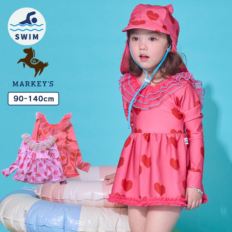 Rakuten - 【SALE／20%OFF】【水着】【UVCUT】ビッグフリル長袖ワンピース 子供服 キッズ ベビー 女の子 スイムウェア ワンピース 総柄 2026SS