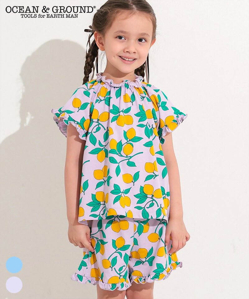 Rakuten - GIRL’S フリル総柄半袖パジャマ オーシャンアンドグラウンド キッズ ベビー 女の子 ルームウェア 上下セット 総柄パジャマ 半袖 夏用 夏パジャマ 2026SS【メール便対象／日時指定不可】