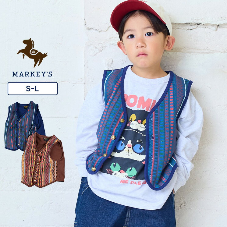 ジャガードプリントベスト（S:95-100/M:110-120/L:130-140）子供服 キッズ ベビー 男の子 女の子 ベスト ノースリーブ 2026SS【メール便対象／日時指定不可】
