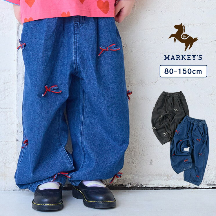 Rakuten - 【親子お揃い】リボンいっぱいデニムバレルパンツ（80〜150cm）マーキーズ 子供服 綿100% キッズ ベビー 女の子 パンツ 2025AW