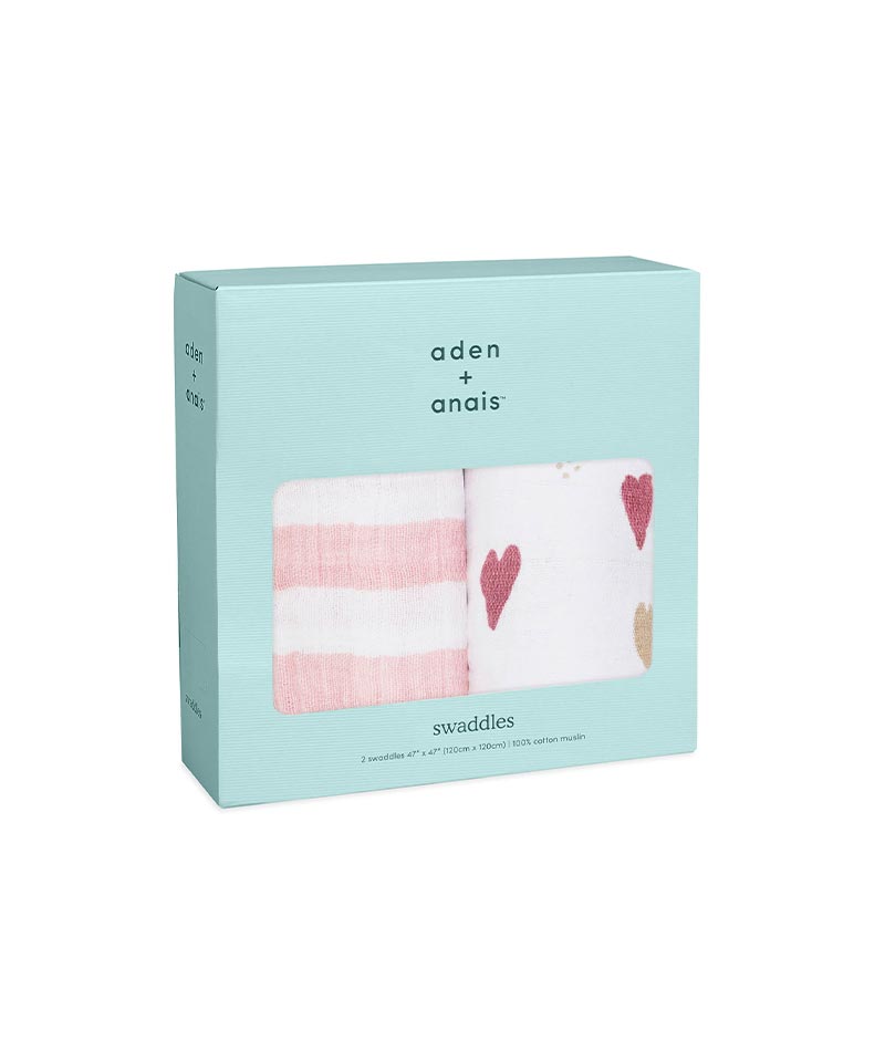 【aden + anais】2-pack classic swaddles heart breaker(箱パッケージ/スワドル2点セット)ワドル ハート ボーダ...