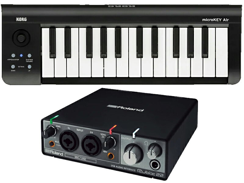 コンパクトなワイヤレスUSB MIDIキーボード KORG microKEY AIRとのお得セット iPad、iPhone、Mac/Windowsとワイヤレスで接続。 小さくても「弾ける」ナチュラル・タッチ・ミニ・キーボードを搭載。 打ち込みから演奏、移動先でのモバイル環境から自宅での制作システムの中核まで。幅広い用途にも柔軟に対応します。 コンパクト・ボディに高音質なコンポーネントを集約。 24bit/192kHz対応のUSBオーディオ・インターフェース。 Rubix22は、ローランド製オーディオ・インターフェース伝統のエッセンスを集約した、2in/2out、最大24bit/192kHz対応のUSB 2.0オーディオ・インターフェースです。さまざまな楽器や音響機器に対応した入出力端子、入力から出力まで徹底した低ノイズ設計、視認性の高いインジケーターなど、様々なシチュエーションに対応する機能を、コンパクトなメタル・ボディに収めました。パソコン・ベースの音楽制作やオーディオの再生、iPadを使用したモバイル・レコーディングなど、どんな環境下でもスタジオ・クラスのサウンドを提供する一台です。 ● 最大24bit/192kHz。2in/2outのUSBオーディオ・インターフェース ● クリアな音質を実現する、徹底した低ノイズ設計と堅牢なメタル・ボディ ● 低ノイズ、高音質設計のマイク・プリアンプを2機搭載 ● 安心の録音環境を提供する視認性の高いレベル・インジケーターとコンプレッサー/リミッター 24bit/192kHzに対応、新開発の高品位プリアンプ搭載 Rubix22は、ハイレゾ・クォリティーの24bit/192kHzの入出力に対応しつつ、高いコスト・パフォーマンスを実現したUSBオーディオ・インターフェースです。広いダイナミック・レンジと低ノイズを実現した新開発のマイク・プリアンプを搭載。24ビットのA/Dコンバーターの組み合わせにより、クリアで伸びのあるサウンドを実現します。独立したボリューム・コントロールを備えたヘッドホン端子もフロント・パネルに搭載しました。 XLRコンボ・ジャック、インピーダンス・バランス出力、グラウンド・リフトに対応 2つの入力端子はXLRコンボ・ジャックを採用。ファンタム電源を供給してのコンデンサー・マイクの接続はもちろん、ダイナミック・マイク、ギター、ベース、オーディオ・プレーヤーなど、さまざまな機器を接続することが可能。また、出力は標準TRS ジャックにより、インピーダンス・バランス出力が可能なため、長いケーブルをつないだ場合でもノイズが混入しにくくなります。さらに全出力端子をグラウンド・リフトすることができるので、グラウンド・ループによるノイズを遮断することができます。メタル・ボディによる遮蔽に加え、アナログ部とデジタル部のグラウンド・ラインを分割するなど、こだわりのローノイズ設計です。 USBクラスコンプライアントでiPadにも対応 初期設定時に煩わしく失敗しがちなドライバーのインストール作業を不要*としました。 Mac及びiPadの場合、USB Audio DeviceClass 2.0対応機器としてドライバインストール不要で使用可能。Windows10の場合はネットワークからのドライバー自動ダウンロードとインストールを行います。 USBクラスコンプライアント対応により、パソコンでの本格的な音楽制作はもちろん、iPadを使ったモバイル・レコーディング、マルチメディア、インターネット配信まで、さまざまな状況でお使いいただけます。 ※Windows7, Windows8 ,Windows8.1では、従来のドライバ・インストールが必要です。 MIDI IN/OUTを装備 MIDI入出力端子も搭載。USB端子がない電子楽器を接続可能。電子ピアノ、キーボード、旧型のシンセサイザーなど、ほとんどの電子楽器を接続できます。 Specs オーディオ録音再生チャンネル数 録音：2チャンネル 再生：2チャンネル 信号処理 PCインターフェース：24ビット AD／DAコンバーター：24ビット サンプリング周波数 AD／DAコンバーター：44.1kHz、48kHz、96kHz、192kHz インターフェース Hi-Speed USB MIDI入出力 接続端子 INPUT（1L、2R）端子：XLRタイプ（バランス、ファンタム電源DC 48V、6mA Max. *1） INPUT（1L、2R）端子 *2：TRS標準タイプ（バランス） PHONES端子：ステレオ標準タイプ OUTPUT（1L、2R）端子：TRS標準タイプ（インピーダンス・バランス） MIDI（IN、OUT）端子 USB端子：USB Bタイプ DC 5V端子：USBマイクロBタイプ *1 1チャンネルあたりの電流値 *2 INPUT 1Lはハイ・インピーダンスに対応 対応OS Microsoft Windows 7、Windows 8、Windows 8.1、Windows 10 Apple Mac OS X 10.10以上 Apple iOS 9以上 【Keywords】 Roland USB Audio Interface Rubix22 Rubix24 Rubix44 UA-22 UA-55 UA-1010 Steinberg UR12 UR22 UR44 UR242 UR28M mk2 ローランド USB オーディオインターフェイス MIDIインターフェイス DTM DAW PC Mac iPad iOS パソコン レコーディング 録音 ルービックス ルビックス KORG コルグ microKEY25 microKEY2-25AIR microKEY2-37 microKEY2-37AIR microKEY2-49 microKEY2-49AIR microKEY2-61 microKEY2-61AIR micro-KEY マイクロキー MIDIキーボード コントローラー