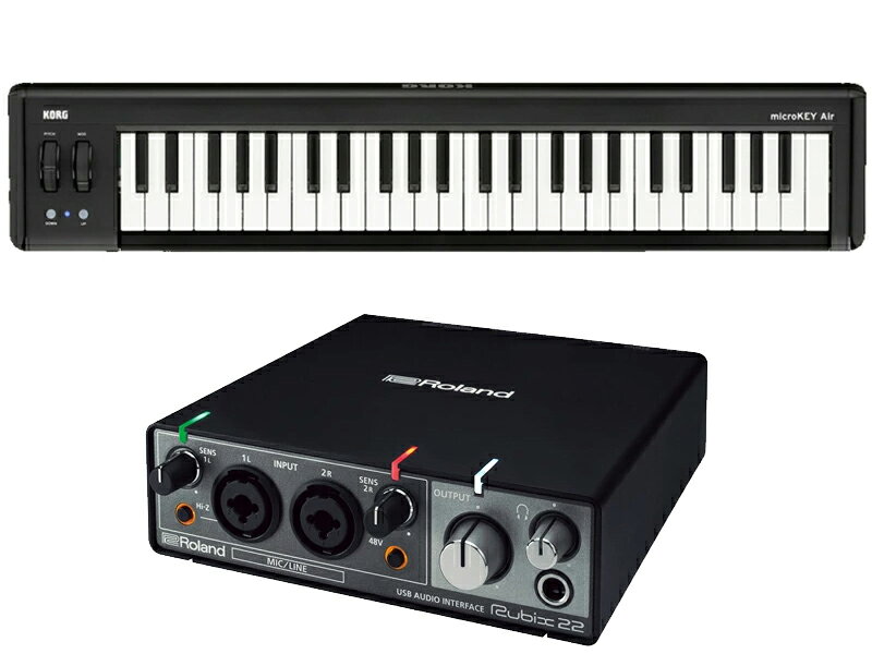 コンパクトなワイヤレスUSB MIDIキーボード KORG microKEY AIRとのお得セット iPad、iPhone、Mac/Windowsとワイヤレスで接続。 小さくても「弾ける」ナチュラル・タッチ・ミニ・キーボードを搭載。 打ち込みから演奏、移動先でのモバイル環境から自宅での制作システムの中核まで。幅広い用途にも柔軟に対応します。 コンパクト・ボディに高音質なコンポーネントを集約。 24bit/192kHz対応のUSBオーディオ・インターフェース。 Rubix22は、ローランド製オーディオ・インターフェース伝統のエッセンスを集約した、2in/2out、最大24bit/192kHz対応のUSB 2.0オーディオ・インターフェースです。さまざまな楽器や音響機器に対応した入出力端子、入力から出力まで徹底した低ノイズ設計、視認性の高いインジケーターなど、様々なシチュエーションに対応する機能を、コンパクトなメタル・ボディに収めました。パソコン・ベースの音楽制作やオーディオの再生、iPadを使用したモバイル・レコーディングなど、どんな環境下でもスタジオ・クラスのサウンドを提供する一台です。 ● 最大24bit/192kHz。2in/2outのUSBオーディオ・インターフェース ● クリアな音質を実現する、徹底した低ノイズ設計と堅牢なメタル・ボディ ● 低ノイズ、高音質設計のマイク・プリアンプを2機搭載 ● 安心の録音環境を提供する視認性の高いレベル・インジケーターとコンプレッサー/リミッター 24bit/192kHzに対応、新開発の高品位プリアンプ搭載 Rubix22は、ハイレゾ・クォリティーの24bit/192kHzの入出力に対応しつつ、高いコスト・パフォーマンスを実現したUSBオーディオ・インターフェースです。広いダイナミック・レンジと低ノイズを実現した新開発のマイク・プリアンプを搭載。24ビットのA/Dコンバーターの組み合わせにより、クリアで伸びのあるサウンドを実現します。独立したボリューム・コントロールを備えたヘッドホン端子もフロント・パネルに搭載しました。 XLRコンボ・ジャック、インピーダンス・バランス出力、グラウンド・リフトに対応 2つの入力端子はXLRコンボ・ジャックを採用。ファンタム電源を供給してのコンデンサー・マイクの接続はもちろん、ダイナミック・マイク、ギター、ベース、オーディオ・プレーヤーなど、さまざまな機器を接続することが可能。また、出力は標準TRS ジャックにより、インピーダンス・バランス出力が可能なため、長いケーブルをつないだ場合でもノイズが混入しにくくなります。さらに全出力端子をグラウンド・リフトすることができるので、グラウンド・ループによるノイズを遮断することができます。メタル・ボディによる遮蔽に加え、アナログ部とデジタル部のグラウンド・ラインを分割するなど、こだわりのローノイズ設計です。 USBクラスコンプライアントでiPadにも対応 初期設定時に煩わしく失敗しがちなドライバーのインストール作業を不要*としました。 Mac及びiPadの場合、USB Audio DeviceClass 2.0対応機器としてドライバインストール不要で使用可能。Windows10の場合はネットワークからのドライバー自動ダウンロードとインストールを行います。 USBクラスコンプライアント対応により、パソコンでの本格的な音楽制作はもちろん、iPadを使ったモバイル・レコーディング、マルチメディア、インターネット配信まで、さまざまな状況でお使いいただけます。 ※Windows7, Windows8 ,Windows8.1では、従来のドライバ・インストールが必要です。 MIDI IN/OUTを装備 MIDI入出力端子も搭載。USB端子がない電子楽器を接続可能。電子ピアノ、キーボード、旧型のシンセサイザーなど、ほとんどの電子楽器を接続できます。 Specs オーディオ録音再生チャンネル数 録音：2チャンネル 再生：2チャンネル 信号処理 PCインターフェース：24ビット AD／DAコンバーター：24ビット サンプリング周波数 AD／DAコンバーター：44.1kHz、48kHz、96kHz、192kHz インターフェース Hi-Speed USB MIDI入出力 接続端子 INPUT（1L、2R）端子：XLRタイプ（バランス、ファンタム電源DC 48V、6mA Max. *1） INPUT（1L、2R）端子 *2：TRS標準タイプ（バランス） PHONES端子：ステレオ標準タイプ OUTPUT（1L、2R）端子：TRS標準タイプ（インピーダンス・バランス） MIDI（IN、OUT）端子 USB端子：USB Bタイプ DC 5V端子：USBマイクロBタイプ *1 1チャンネルあたりの電流値 *2 INPUT 1Lはハイ・インピーダンスに対応 対応OS Microsoft Windows 7、Windows 8、Windows 8.1、Windows 10 Apple Mac OS X 10.10以上 Apple iOS 9以上 【Keywords】 Roland USB Audio Interface Rubix22 Rubix24 Rubix44 UA-22 UA-55 UA-1010 Steinberg UR12 UR22 UR44 UR242 UR28M mk2 ローランド USB オーディオインターフェイス MIDIインターフェイス DTM DAW PC Mac iPad iOS パソコン レコーディング 録音 ルービックス ルビックス KORG コルグ microKEY25 microKEY2-25AIR microKEY2-37 microKEY2-37AIR microKEY2-49 microKEY2-49AIR microKEY2-61 microKEY2-61AIR micro-KEY マイクロキー MIDIキーボード コントローラー