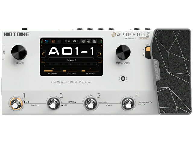 次世代のトーン - 更なるインスピレーションを届ける進化 Ampero II は、Amperoシリーズの最新モデルであり、オリジナルのAmperoから継承されたスマート・コントロール・レトリプルコア・デジタル・ギター・プロセッサーのプラットフォームの絶大なパワーを見事に組み合わせたリアルモデリング・マルチエフェクト・プロセッサーです。 Ampero II はコンパクトで軽量なデザインを維持しながら、ライブショーに必要なすべての接続性とコントロールを提供してくれます。Ampero II で、まったく新しいレベルのプロフェッショナルなパフォーマンスがあなたの手に。それはまた、クラシックと最先端のイノベーションの究極の融合であり、強力な機能、プレミアムなトーン、シームレスなユーザー・インターフェイスが満載されており、あらゆるミュージシャンやクリエーターに欠かせないパートナーになってくれます。 ●第二世代のアンプモデラーとエフェクトプロセッサー ●トライコア DSP プラットフォームと ESS&reg; Sabre&reg; AD/DA による音楽的なサウンド ●新開発のサウンド・キャプチャー機能「Tone Catch」を搭載 ●24ビット信号処理、最大127dBの高ダイナミックレンジ ●ステレオ I/O ジャックとステレオ FX ループ ジャックを装備 ●XLR入力にはファンタム電源とマイクプリアンプを搭載 ●5pin MIDI入出力とEXP/CTRLジャックを装備 ●世界中のミュージシャンと音を共有できる「Sound Clone」に新対応 ●90種類以上のアンプモデル ●68種類のキャビネットモデル ●100+ ペダルモデリング ●60+ Hotoneオリジナルエフェクト ●300 プリセット（75バンクx4パッチ） 最先端、そして常に進化し続けるデジタルモデリング技術 HOTONEが誇る業界最先端のCDCM HDおよびF.I.R.E.デジタルモデリング技術の限界をさらに押し広げ、これまでにないほどダイナミックで没入感にあふれ、音楽的かつリアルなトーンを実現します。 最先端のトーンキャッチ機能搭載 AMPERO IIは、Tone Catch機能に対応しており、お気に入りのアンプやペダルのサウンドを直接プロセッサーに取り込むことが可能です。 さらに、HOTONEコミュニティを通じて、世界中のユーザーが作成、共有したトーンを発見したり、自分のトーンをシェアしたりすることもできます。 軽量かつパワフル オリジナルのAMPEROと同様に、AMPERO IIも本体にエクスプレッションペダルを搭載しながら、重さはわずか1.7kg。ギグバッグやペダルボードケース、バックパック、さらには引き出しの中にもすっきり収まるコンパクトサイズで、どこへでも持ち運べるパワフルな音楽制作ツールです。 最大限に活かされた画面サイズとスムーズなタッチ操作 スタイリッシュな5インチダイナミックカラータッチスクリーンを搭載。さらに直感的でスマートな操作インターフェースを実現しています。多言語対応のタッチコントロールにより、誰でもスムーズかつ快適に操作可能です。 次世代の信号処理を実現するトリプルコアプラットフォーム 独自のトリプルコアプラットフォームとESS? Sabre?シリーズのAD/DAコンバーターを搭載し、24ビット処理と最大127dBのダイナミックレンジを実現。驚異的な音質とレスポンスで、プロフェッショナルなサウンド体験を提供します。 460種以上のエフェクトを収録した強力なライブラリ 多彩なエフェクトと高精度なシミュレーションを兼ね備え、あらゆるジャンルに対応する理想のサウンド構築を可能にします。 ＊実際のスタジオデータをもとに最適化された新しいマイクシミュレーション ＊よりリアルな質感を追求した新しいプリアンプモデル ＊必要に応じて使用できる独立型パワーアンプシミュレーション ■仕様 INPUT セクション 1 x 3 入力モード選択が可能な1/4"TSインストルメントジャック 1 x 5 入力モード選択とマイクプリアンプ（最大ゲイン 52dB）を備えた XLR or 1/4"（TS）コンボジャック 1 x 1/8" ステレオ AUX INジャック 2 x 1/4" TRS EXPペダル/モメンタリーフットスイッチ（EXP/CTRL）ジャック 1 x 1/4" チップリング スリーブ（TRS）アンバランス ステレオ AUX IN x 1 1 x 5pin MIDI INジャック OUTPUT セクション 2 x 1/4" TRS アンバランス ステレオ出力ジャック 2 x グランドリフト付きXLRバランス出力ジャック 1 x 1/4" TRS アンバランス ステレオ FX ループセンドジャック 1 x 1/8" ヘッドフォン出力ジャック 1 x 1/8" TRS MIDI OUTジャック 1 x 5pin MIDI OUTジャック 出力インピーダンス アンバランス出力：1kΩ バランス出力：1kΩ FX ループセンド：1kΩ ヘッドフォン：47Ω デジタル・セクション 5インチ 800 x 480カラーダイナミックタッチスクリーン USB 2.0 Type-C port：USB Audio 2.0をサポート　44.1〜192kHzサンプルレートをサポート IR プロセッシング：24-bit/44.1kHz ±/WAVファイル、両1024 & 2048ポイントをサポート、最大 50 のユーザー IR エフェクト・デジタル・オーディオ・シグナルプロセッシング：24-bit / 44.1kHz 周波数特性：20Hz ? 20kHz ± 1dB ダイナミックレンジ：最大127dB（digital to analog） エフェクト：460+（global EQも含む） エフェクト・モジュール：17 エフェクト・スロット：12同時使用可能エフェクト・スロット パッチ数：300 ルーパータイム：ステレオ60秒 その他 電源：9VDC ? 18VDC センターマイナス 消費電力：最大1.2A（9VDC給電時） サイズ：330mm（W）x 157mm（D）x 61mm（H） 重量：1695g 付属品 取扱説明書 「安全上のご注意」チラシ アルカリ電池（単3形）×3 ゴム足×4 保証書 ローランド ユーザー登録カード 外形寸法 幅(W) 101 mm × 奥行き(D) 138 mm × 高さ(H) 65 mm（ゴム足含む） 質量 680g（乾電池含む） 【Keywords】 HOTONE ホットトーン マルチエフェクター multi effects ギターエフェクター Ampero2 アンプモデラー エフェクトプロセッサー MP350