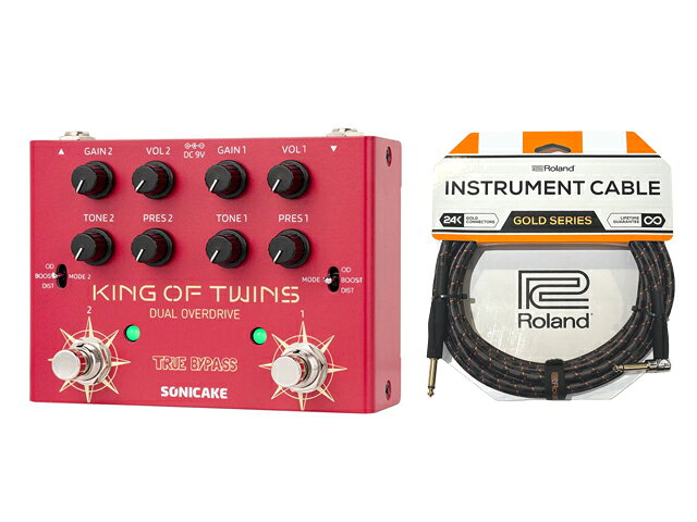 Sonicake King of Twins オーバードライブペダル King of Twinsは、デュアルチャンネル仕様のオーバードライブペダルです。各チャンネルには「オーバードライブ」「ブースト」「ディストーション」の3つの独立したトーンモードを搭載し、それぞれに幅広いパラメーターコントロールを備えています。 デュアルチャンネル構造とトリプルモード設計により、クラシックなブルースオーバードライブ、芯のあるクリーントーン、そして温かみのあるヴィンテージディストーションまで、多彩なサウンドを生み出します。 純粋なアナログ回路とトゥルーバイパススイッチングにより、あなた本来のトーンキャラクターをしっかりと保ちます。 特徴 ・純粋なアナログ回路により、リアルなオーバードライブトーンとダイナミックなレスポンスを実現します。 ・デュアルチャンネル仕様により、自在な音作りが可能なオーバードライブです。各チャンネルを個別に使用することも、スタックして強力なゲインブーストを得ることもできます。 ・各チャンネルに3つのモード「オーバードライブ」「ブースト」「ディストーション」を搭載。 ・各チャンネルに4つの専用ノブを備え、サウンドを細かくコントロールできます。 ・トゥルーバイパス回路により、原音のニュアンスを損なうことなく出力します。 仕様 ・電源：DC9V センターマイナス（別売） ・消費電流：7mA ・寸法：奥行120mm × 幅90mm × 高さ53.5mm ・重量：383g 【Keywords】 SONICAKE ソニケーキ エフェクター KingofTwins オーバードライブ ブースト ディストーション トリプルモード設計 アナログ回路 音作り トゥルーバイパス回路 クリーントーン