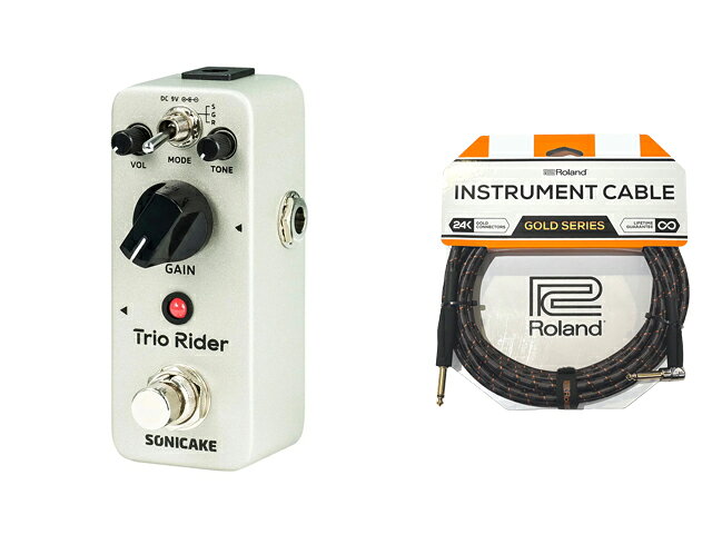Sonicake Trio Rider オーバードライブ Sonicake Trio Rider は、Centaurスタイルのクラシックなオーバードライブ・ペダルです。 「Centaur」系オーバードライブの最良のレプリカを求めるギタリストに向けて、Klon Centaurの3つの代表的なサウンドを融合させたこのTrio Riderは、まさに理想の1台。 100％アナログ回路、バッファードバイパス仕様。 そのサウンドは、ウォーム（温かみ）、トラディショナル（伝統的）、スウィート（甘美）、豊潤といった言葉で表現される、3種のオーバードライブトーンを特徴とします。 伝統的なトーン／ゲインコントロールノブにより、幅広い調整が可能で、多彩なオーバードライブ・サウンドを自在に生み出せます。 頑丈な金属製筐体に加え、ヘビーデューティーなフットスイッチとオン／オフ表示用のLEDインジケーターも搭載し、ステージユースにも安心です。 特徴 ● Klon Centaur スタイルを改良したオーバードライブ 伝説的なKlonサウンドをベースに、現代的な味付けを加えた特別仕様。 ● 3種類の切替スイッチで、Silver/Gold/Red の伝説的オーバードライブサウンドを再現 シルバー、ゴールド、レッド、それぞれの個性あるトーンを1台で楽しめます。 ● トーンコントロールノブ 低音に厚みを加えるもよし、全体のトーンにクリスタルのようなきらめきを加えるもよし。柔軟な音作りが可能です。 ● バッファード・バイパス・フットスイッチ 信号の強度と音質を損なわず、クリーンで安定したトーンを保ちます。 ● 9Vセンターマイナスの一般的なエフェクター用電源に対応。（電源アダプターは別売） 仕様 ・電源：DC 9V センターマイナス ・消費電流：19mA ・寸法：93.5mm（奥行）× 42mm（幅）× 52mm（高さ） ・重量：220g 【Keywords】 SONICAKE ソニケーキ TrioRider ギター ペダル アナログ回路 Klon クリーントーン 音作り　ウォーム 温かみ トラディショナル 伝統的 スウィート 甘美 トーンコントロールノブ LEDインジケーター ステージ