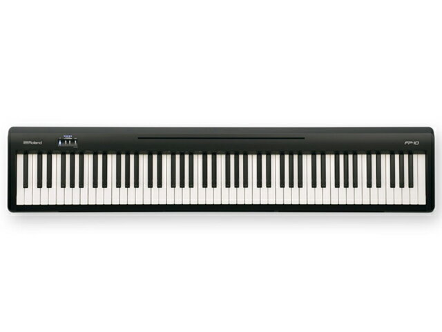 ■店舗在庫あります！即納可能!!■ 88鍵モデル最小サイズの 本格派ポータブル・ピアノ ポータビリティと高いピアノ・クオリティが人気のFPシリーズに、最もコンパクトなモデルが登場。88鍵ピアノに、表現力に定評のあるスーパーナチュラル・ピアノ音源、ハンマー・アクションのPHA-4スタンダード鍵盤を搭載。小さいボディにもスピーカーを内蔵し、リビングでの演奏も、小さな部屋での練習も、いつでもどこでもピアノを楽しめます。Bluetooth対応でデジタルならではの楽しみも満載。初めてのピアノに、2台目のピアノに、最適な1台です。 コンパクトなボディに、本格的なピアノ・タッチ ピアノを弾くのに最も大切な鍵盤。FP-10は、小さいサイズながらもハンマー・アクションで本格的なピアノ・タッチを実現したポータブル・ピアノです。 PHA-4スタンダード鍵盤は、アコースティック・グランドピアノのタッチ感を再現しています。鍵域によって異なるハンマーにより、低音はずっしりと、高音は軽やかな弾き心地。高精細なセンサーは、指先の繊細な表現を忠実に音にします。弱く鍵盤を押し込んだ時のクリック感を再現するエスケープメントは、グランドピアノのリアルなタッチ感そのものです。さらに、白鍵には、象牙の自然な風合いと触り心地を備えた吸湿性のある素材を採用し、本格的なピアノ・タッチを実現しています。 また、ピアノ表現に欠かせないダンパー・ペダルは、オプションのDP-10をお使いいただくと、ハーフペダルの表現も可能に。より豊かな演奏をかなえます。 初心者から上級者まで。すべての方を魅了するピアノ・サウンド FP-10の大きな魅力は表現豊かなピアノ・サウンド。定評あるローランドの独自の技術「スーパーナチュラル・ピアノ音源」を搭載し、繊細でやわらかい音色から、ダイナミックで明瞭な音色まで、生き生きとしたリアルなピアノ・サウンドをお届けします。内蔵スピーカーですぐに演奏ができ、さらにヘッドホンでは周りを気にすることなく、いつでも演奏を楽しむこともできます。初めてピアノに触れる方から、熟練した演奏家の方まで、どなたでも楽しめる、納得のピアノ・サウンドです。 音楽をクリエイティブに楽しめる、デジタルならではの多彩な機能 FP-10は、最新のデジタル機能も満載。オルガン、エレピ、ストリングスなど、ピアノ以外の楽器音は、ほかの楽器とのセッションや、さまざまな音楽ジャンルでの演奏を楽しめます。テンポキープの練習には欠かせないメトロノーム、鍵盤を2つに分けて2人で一緒に演奏できるツインピアノは、ピアノの練習に役立つ機能です。Bluetooth MIDI接続でオリジナル無料アプリ「Piano Partner 2」を使えば、内蔵曲の譜面表示や音あてゲームが楽しめるほか、スマートフォンからリモコン感覚で音色選択や鍵盤の設定などの操作も可能。より使いやすく、ピアノ演奏の楽しさが広がります。 *FP-10は、Piano Partner 2のリズム機能には対応していません。 88鍵ピアノ最小サイズのポータブル・ピアノ あらゆるピアノ曲を演奏するには、アコースティック・ピアノと同じ88鍵という広い音域が必要。FP-10は、横幅1,284mm×奥行き258mmと、88鍵クラスで最もコンパクトなサイズを実現しました。ご自宅のリビングでも、小さな部屋でも、場所をとらずに、気軽にお使いいただけるデジタルピアノです。 ピアノらしい外観としっかりとした安定感を実現した専用スタンドKSCFP10のほか、ポータブルのキーボードスタンドKS-12にも対応。演奏スタイルにあわせてお選びいただけます。 ●外形寸法： 　［譜面立てを外した場合］1,284（幅）× 258（奥行）× 140（高さ）mm 　［譜面立てを付けた場合］1,284（幅）× 298（奥行）× 324（高さ）mm ●質量：［譜面立てを外した場合］12.3kg 　　　　［譜面立てと専用スタンドKSCFP10 を付けた場合］19.7kg ●付属品：取扱説明書、譜面立て、AC アダプター、電源コード（AC アダプター 接続用）、ペダル・スイッチ、保証書、ローランド ユーザー登録カード 【Keywords】 Roland Digital Piano FP-10 FP-10-BK FP10-BK FP10-BK FP-30 ブラック ホワイト FP-30-BK FP-30-WH FP30BK FP30WH FP-80 FP-50 FP-7F FP-4F ローランド デジタルピアノ ポータブルピアノ コンパクト 省スペース スーパーナチュラル・ピアノ音源 PHA-4スタンダード鍵盤 88鍵 象牙調 エスケープメント付き スピーカー内蔵 ストリングス オルガン ドラム MIDI SMF