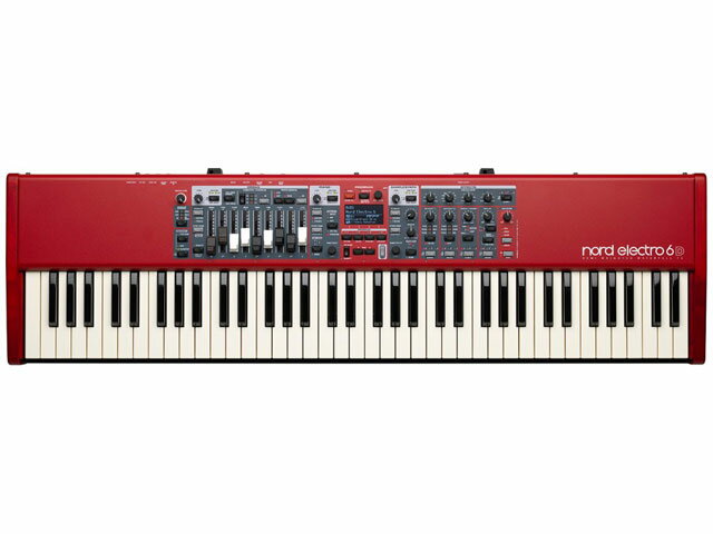 ■店舗在庫あります！即納可能!!■ A refined modern classic Nord Electro 6は、クラシックなエレクトロ・メカニカル・キーボードやアコースティック・キーボードを忠実に再現した定評のあるサウンドを、軽量コンパクトで持ち運びに便利なサイズにまとめたステージ・キーボードです。 3つの独立したサウンド・セクションで構成されており、合理化された新しいユーザー・インターフェイスとシームレス・トランジションを採用。Electro史上最もパワフルでフレキシブル、洗練されたモダン・クラシックNord Electro 6。 シームレス・トランジション Nord Electro 6では、演奏中にプログラムを音切れすることなくシームレスに切り替えられます。 レイヤーと高度なスプリット パネルは、オルガン、ピアノ、サンプル・シンセという3つの独立したサウンド・セクションで構成されています。これら3つのセクションは、レイヤーやスプリットとして同時に使用できます。6カ所のスプリット・ポイントとStage 3で導入された新機能スプリット・ポイント・クロスフェード機能を搭載しており、2つのスプリット・ゾーン間でスムーズなトランジションを実現しています。クロスフェード幅は3種類（スモール/ラージ/オフ）から選択でき、それぞれ異なるLEDカラーがスプリット・ポイントに表示されます。 洗練されたプログラム・セクション 合理化された新しいプログラム・セクションは、便利なオーガナイズ・モードを備えており、プログラムをすばやく並べ替えることができます。新しいページ・ビューで、ページをソング・リストとして簡単にソートし、整理できます。 すべてのプログラム、ピアノ、シンセ・サンプルには、アルファベット、プログラム番号、カテゴリーによるソート・オプションに対応した新しいリスト・ビューを使用して簡単に検索できます。 ピアノ・セクション ピアノ・セクションには、Nord独自のNord Piano Libraryから、アコースティック・ピアノ、エレクトリック・ピアノ、デジタル・ピアノの幅広いサウンドが収録されているほか、最大同時発音数が拡大され、クリエイティブな新機能ピアノ・フィルターが追加されています。 ● メモリー容量：1GB（Nord Piano Library用） ● 最大同時発音数を大幅に拡大（120ボイス） ● ピアノ・フィルター ● リアルなサウンドを再現するストリング・レゾナンス機能 ● 4種類のダイナミック・カーブ サンプル・シンセ・セクション サンプル・シンセ・セクションが強化されました。Nord Sample Library 3.0や最大同時発音数の拡大に対応するため、内蔵メモリーが拡張されています。 サンプル・シンセ・セクションには、Nord Sample Library 3.0から高音質なサウンドが豊富に収録されています。独占的にライセンスを受けたMellotronやChamberlinなどのサウンドも含まれています。 アタック、ディケイ/リリース、ダイナミクス（フィルター/ベロシティ）のコントロールも行えます。また、WindowsおよびMac対応のアプリケーションNord Sample Editor（無償）を使用して自分だけのサンプルを作成することもできます。 ● メモリー容量：512MB（Nord Sample Library用） ● 最大同時発音数を拡大（30ボイス以上） ● サンプル・シンセ用のアタック、ディケイ/リリース、ダイナミック・コントロールを装備 オルガン・セクション Nord Electro 6は、定評あるNord C2DオルガンのB3トーンホイール、B3ベース、ビンテージ・トランジスター・オルガンのシミュレーションが収録されているほか、2種類のパイプ・オルガン・モードを搭載しています。 ● B3トーンホイール、B3ベース、Vox、Farfisaのシミュレーション ● 2種類のパイプ・オルガン・モデル ● デュアル・オルガン・モード ● ビンテージ・テイスト溢れる122ロータリー・スピーカー・シミュレーション ● 6D 61/73モデルには物理ドローバーを装備 ● ロータリー・スピーカーの回転スピード切替ができるHalf Moon Switchを取付可能（6D 61/73モデル） エフェクト パワフルなエフェクト・セクションには、クラシックなコンパクト・エフェクターをモデルにした、瞬時に調整できる高品質なエフェクトが幅広く収録されています。エフェクトはすべてステレオ仕様で、オルガン、ピアノ、シンセの各セクションに自由に割り当てることができます。 ● クラシックなコンパクト・エフェクターをモデルにした、瞬時に調整できる高品質なステレオ・エフェクトを幅広く内蔵 ● ブライト・モードによるリバーブ 選べる2タイプのキーボード Fatar社製高品位キーボードを採用し、Nordファクトリーで全音域でのレスポンス性をさらに高める調整を入念に行ってから使用しています。 ハンマー・アクション・ポータブル（HP） リアルなピアノ・タッチながら驚異的な軽量化を実現したハンマー・アクション・ポータブル鍵盤（73鍵Eスケール）を採用し、アコースティックやエレクトリック・ピアノ音色の演奏に最適です。もちろん、オルガンやシンセ・サウンドの演奏にも適しています。 セミ・ウェイテッド・ウォーターフォール（SW） 白鍵の先端部にラウンド加工を施したセミウェイテッドのオルガン・タイプ・ウォーターフォール鍵盤（61鍵Cスケール、73鍵Eスケール）を採用し、オルガン演奏特有の刻み込むようなプレイやシンセ・サウンドの速弾きなどに最適です。セミウェイテッドですので、ピアノ・サウンドの演奏にも適しています。 各種エクスプレッション・ペダルに対応 主要なエクスプレッション・ペダル・メーカーの各製品（ヤマハFC7、ローランドEV-7、コルグEXP2 、XVP10）に対応しています。 安心の国内正規流通商品 こちらの商品は国内正規流通品です。国内にてメーカー保証／サポートを受けることができます。 【Keywords】 Clavia DMI Nord Electro 6D 61 76 HP ノードエレクトロ セミウェイテッドウォーターフォール鍵盤 ウェイテッドハンマーアクションポータブル デジタルピアノ 電子ピアノ アコースティックピアノ エレクトリックピアノ オルガン サンプルシンセ シンセサイザー B3トーンホイール B3ベース Vox Farfisa 物理ドローバー ロータリースピーカーシミュレーション