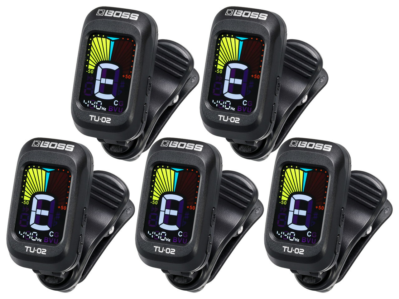 視認性に優れたカラー・ディスプレイを搭載したクリップ・チューナー TU-02は、フレキシブルに角度調節が可能なカラー・ディスプレイを搭載。4つのモードを備え、ギター、ベース、ウクレレ等、様々な弦楽器に対応したクリップ・チューナーです。 &bull;&nbsp;小型かつ正確なクリップ・チューナー &bull;&nbsp;視認性に優れたカラー・ディスプレイ &bull;&nbsp;4つのチューニング・モード（クロマチック／ギター／ベース／ウクレレ） &bull;&nbsp;リチウム・ボタン電池で最大24時間の連続使用が可能 &bull;&nbsp;オート・パワー・オフ機能により未使用時のバッテリーを節約 高い信頼性と安心感 高い信頼性と安心感 カラー・ディスプレイは視認性に優れており、あらゆる環境でチューニングを正確に行えます。ディスプレイ部分はフレキシブルに角度調節が可能。パッドを備えた丈夫なクリップにより、様々な弦楽器のヘッドに安定した取り付けが可能です。リチウム・ボタン電池1つで最大24時間連続使用でき、オート・パワー・オフ機能により未使用時のバッテリーを節約します。 ギター、ベース、ウクレレなど、様々な弦楽器に対応 TU-02は多彩なチューニング・モードを備えており、簡単に切り替えが可能。ギター、ベース、ウクレレそれぞれに最適なチューニングができ、クロマチック・モードを使用すれば、他の弦楽器のチューニングも行えます。半音／全音下げチューニングや、5弦ベースにも対応しているため、重低音を好むプレイヤーにも最適です。基準ピッチは440Hzだけでなく、必要に応じて430 〜 450 Hz の中で変更できます。 Specs ■測定範囲：A0（27.5Hz）〜C8（4,186.0Hz） ■基準ピッチ：A4（430〜450Hz） ■測定精度：±1セント ■チューニング・モード： CHROMATIC／GUITAR／BASS／UKULELE フラット・チューニング：レギュラー〜2半音下 ■コントロール： POWER/M（モード）ボタン A4ボタン b（フラット）ボタン ■ディスプレイ：バックライト付きカラーLCD ■電源：リチウム・ボタン電池（CR2032）×1 ■消費電流：7.5mA ■連続使用時の電池の寿命：約24時間（使用状態によって異なります） ■オートオフ機能：約5分 ■外形寸法：幅 28 mm × 奥行 38 mm × 高さ 50 mm ■質量：25 g（乾電池を含む） ■付属品：取扱説明書、リチウム・ボタン電池（CR2032） 【Keywords】 BOSS Roland Clip-On Tuner TU-02 TU02 CHROMATIC GUITAR BASS UKULELE チューナー クリップオンチューナー クリップチューナー クロマチックチューナー ギター ベース ウクレレ TU-03 TU-01 TU03 TU01