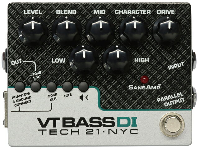 ■店舗在庫あります！即納可能!!■ VT Bass DI VT Bass DIは定番アイテムの「ベース・ドライバーDI」と同じ3種類の出力を備えたダイレクトボックスです。それらの出力が、ライブ、ダイレクト・レコーディング、プリアンプ、PAへのダイレクト接続の全てを可能です。 CHARACTERはコントロールサンズアンプ回路により、アナログならではの太いサウンドが調整可能です。ミックスによってはヴィンテージサウンドからモダンまで、更にディストーションサウンドもお楽しみいただけます。 BLENDコントロールはダイレクト音とサンズアンプサウンドとのミックスを調整します。 BITEは低周波フイルターで可聴周波数域以下をカットします。 PHANTOM & GROUND CONNECTは本機のグランドを接続または、リフトするスイッチです。またファンタム電源を使って本機に電源が供給することができます。 INPUTは1/4インチフォーン、1MΩ（電源スイッチ兼用）です。 OUTPUTは1/4インチフォーン、1kΩです。 ※本製品はACアダプターは付属しておりません。別途でお買い求め下さい。 ■電源：9V乾電池（006P）、またはDC9Vパワーサプライ（センターマイナス）、またはファンタム電源 ■サイズ：W120×H95×D50mm（スイッチ、ノブを含む） 安心の国内正規流通商品 こちらの商品は国内正規流通品です。国内にてメーカー保証／サポートを受けることができます。 【Keywords】 TECH21 NYC VT Bass DI SANSAMP ベースドライバーDI ライブ ダイレクトレコーディング プリアンプ PA サンズアンプ ベースエフェクター コンパクトペダル ペダルエフェクター ヴィンテージサウンド ディストーション