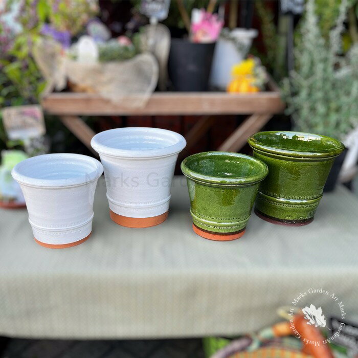 【英国製Whichford Buxus Pot Glazed ボックスウッド ポット 釉薬仕上げ ホワイト/モスグリーン（2サイ..