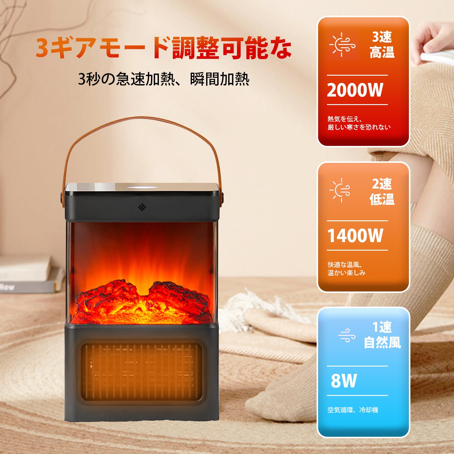 セラミックヒーター 暖炉型 3D疑似炎 節電 防湿スタンド 大風量 速暖 静音 3段階風量 電気ストーブ 電気ファンヒーター 類似炎 おしゃれ トイレ 浴室 洗面所 脱衣所 アンティーク 揺らめく炎 まねた炎効果 転倒保護安全装置機能付き 足元 リビング 寝室 オフィス