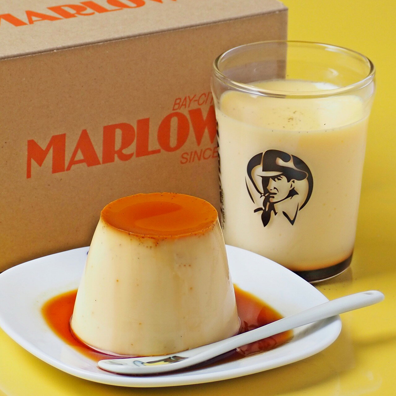 カスタード＆北海道フレッシュクリーム2個セット　マーロウ　ビーカー入り手作り焼きプリン　プリン　無添加　ビン　瓶　おじさん柄