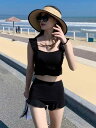 タンキニ ビキニ フリル 体型カバー 水着 上下セット レトロ 可愛い ニット 韓国系 タンクトップ ビキニ ショートパンツ 黒 紺色 茶色 学生 ペプラム 袖...