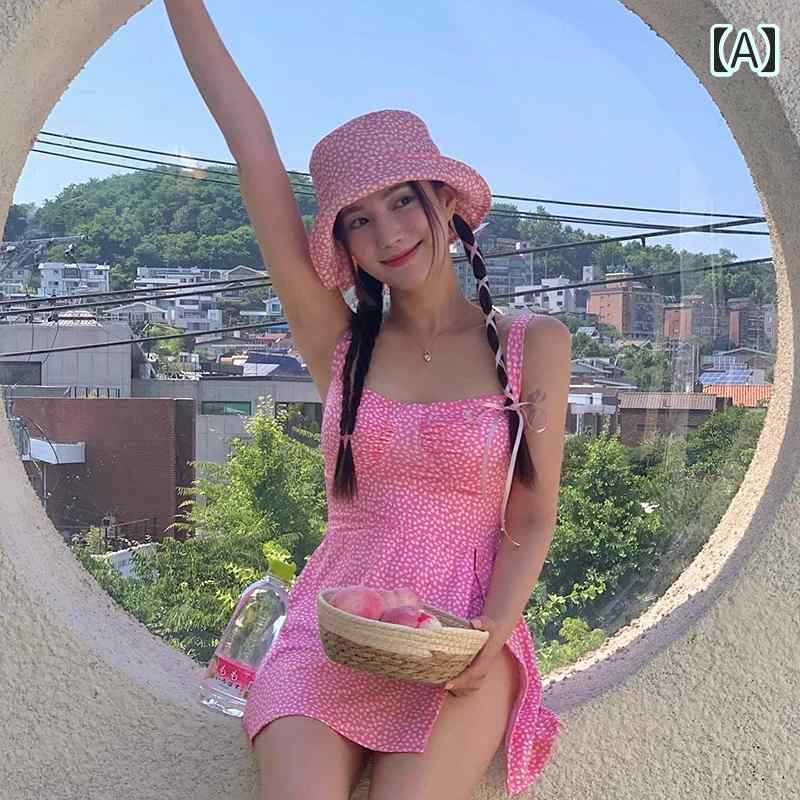 ワンピース 水着 スカート ドット柄 花柄 体型カバー 韓国系 ワンピ 水着 かわいい ピンク 青 緑 帽子付き キャミソール タンクトップ スリット 健康的 女の子 女性用 オールインワン 袖なし ハイウエスト 腹 尻 脚 カバー グリーン ブルー