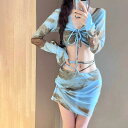 ビキニ 水着 スカート レディース セクシー 青 マーブル模様 タンキニ 長袖 セパレート 水着 上下セット 個性的 韓国系 透け感 シアー リボン 紐 かっこ...