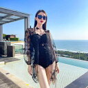 ワンピース 水着 ラッシュガード 2点セット 黒 白 レトロ 大人可愛い モノキニ フリル 韓国風 きれいめ ワンピ 水着 透け感 花柄 長袖 トップス シャツ...