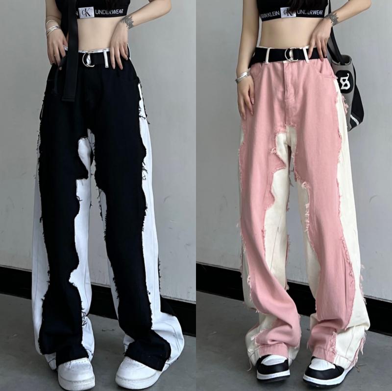 デニムパンツ 個性的 ジーンズ バイカラー ジーパン 韓国系 デニム ズボン 切りっぱなし かっこいい 黒 ピンク 波型 螺旋 レディース ボトムス ハイウエスト カジュアル 大きいサイズ 2XL 3XL ゆるっと ブラック 無地 切り替え 2色のサムネイル
