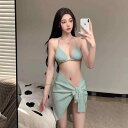 ビキニ 水着 パレオ 3点セット レディース きれいめ パステルカラー ドット柄 模様 三角ビキニ 紐ビキニ 韓国系 ピンク 黄色 イエロー 黒 ブラック 緑 ...