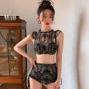 ビキニ 水着 総レース 黒 透け感 大人可愛い レトロ 韓国系 上下セット きれいめ タンキニ ハイウエスト ブラック 編み上げ カットオフ 個性的 バックシャ...