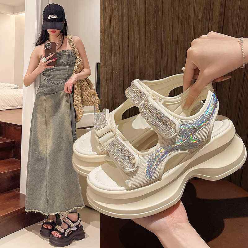 スポサン 厚底 サンダル ラインストーン キラキラ スポーツサンダル レディース 大人 きれいめ 韓国風 ..