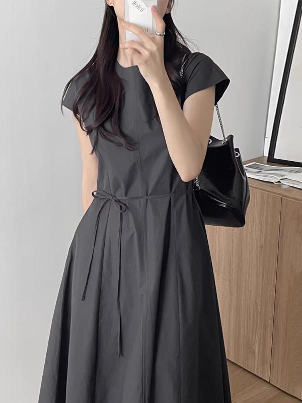 シャツワンピース 半袖 ミモレ丈 膝下 フレア ワンピース レディース 韓国系 フレンチ レトロ 大人可愛い 薄手 コットン リボン ラウンドネック 袖あり ハイウエスト シンプル 大人カジュアル ワンピ Aライン 白 ホワイト 灰色 グレー 無地