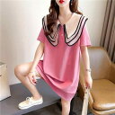 ミニワンピース レトロ 可愛い Tシャツ トップス ビッグカラー バイカラー 個性的 韓国系 カットソー 半袖 カラフル セーラー服風 黒 ブラック 緑 グリー...