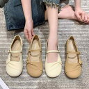 レトロ ローファー パンプス 可愛い 丸い ぺたんこ シューズ 韓国系 優しい ニュアンスカラー ストラップ付 白 ホワイト ベージュ 茶色 ブラウン 無地 柔らかい ソフトレザー バレエシューズ風 森ガール ガーリー 革靴 女の子 淡色 クラシカル(4)
