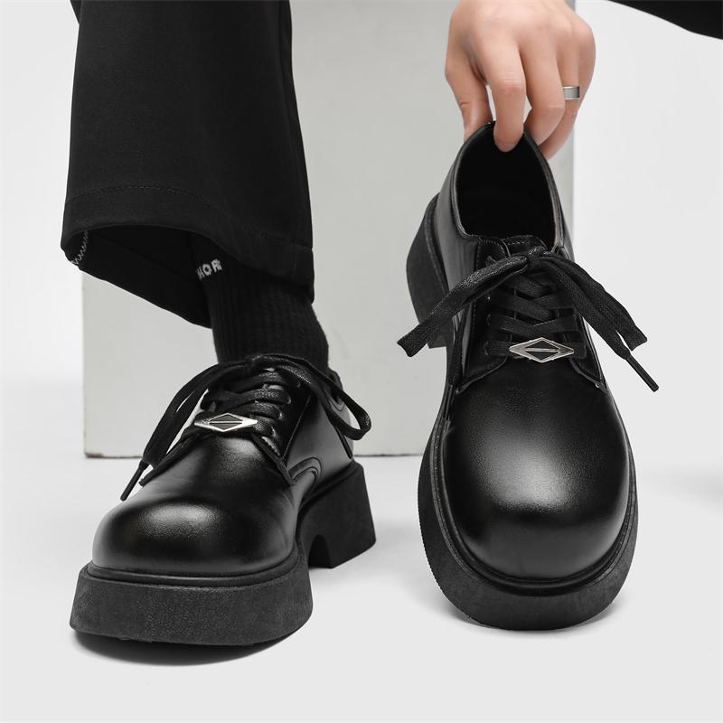 ビジネスシューズ 黒 ローファー メタル メンズ 韓国系 レースアップ レザーシューズ 男性用 厚底 ブラ..