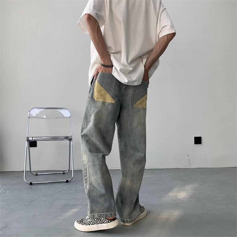 デニム かっこいい バックシャン ジーンズ ズボン パンツ メンズ 男性用 ブルー ワイド 淡色 水色 バイカラー 個性的 大きいサイズ ワイド ルーズ アメリカン ウォッシュ加工 切り替えデザイン ストリート ストレート こなれ感 韓国男子 おしゃれ