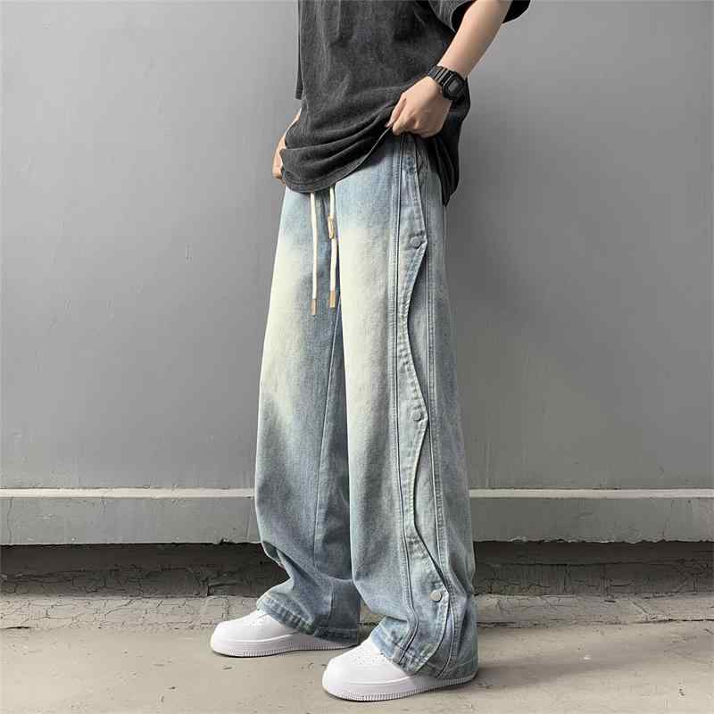 デニム かっこいい 個性的 ルーズ ワイド ジーンズ ズボン パンツ メンズ 男性用 ブルー ブラック サイドフラップ 大きいサイズ アメリカン ウォッシュ加工 脚長 ストリート 韓国系 ジーパン おしゃれ 男子 ユニーク 映える 面白い 淡色 水色