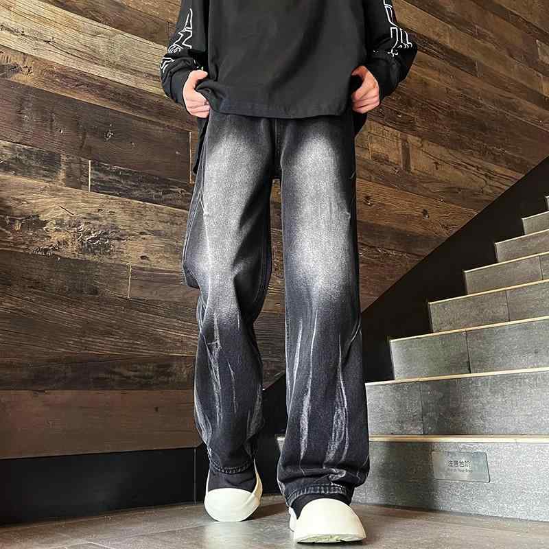 デニム グラデーション 黒 かっこいい ジーンズ ズボン パンツ メンズ 男性用 ブラック タック 大きいサイズ ワイド フレア ルーズ アメリカン ウォッシュ加工 タイダイ 脚長 グラデ ユーズド風 ブラックデニム ジーパン 韓国系 ストリート ラフ