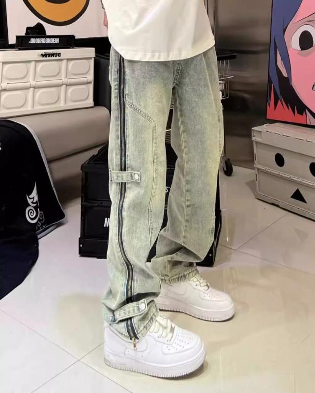 デニムパンツ メンズ かっこいい 個性的 淡色 ジーンズ ズボン男性用 ブルー サイドファスナー 韓国系 水色 ユーズド風 大きいサイズ ルーズ ストレート アメリカン ウォッシュ加工 脚長 ユニーク 目立つ こなれ感 ポップ ジーパン 韓国男子 クール