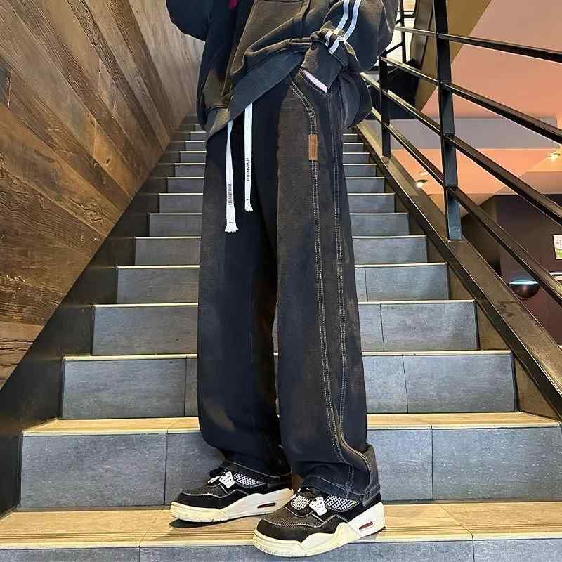 ジーンズ ズボン パンツ デニム メンズ 男性用 ブルー ブラック 青 黒 リラックス ウエストゴム 大きいサイズ ワイド ルーズ ストレート アメリカン ウォッシュ加工 脚長 ポケット ワイドレッグ カジュアル 楽ちん 学生 シンプル ジーパン ラフ