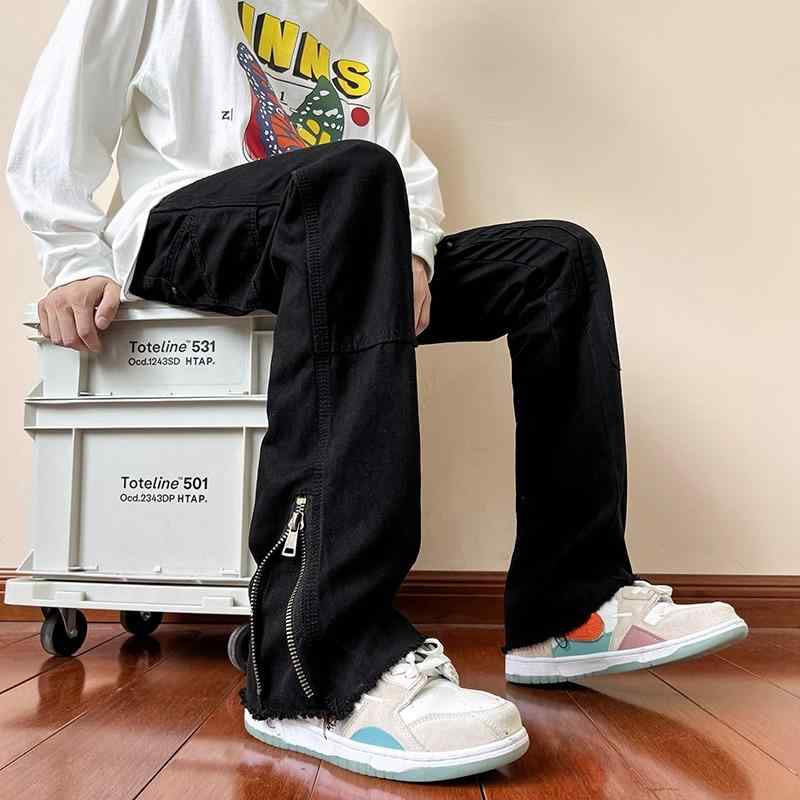 黒デニム メンズ かっこいい 個性的 白デニム ジーンズ ズボン パンツ 韓国系 ルーズ 裾ファスナー 男性用 ブラック ホワイト 大きいサイズ ストレート シンプル カラーデニム カッコイイ 韓国男子 無地 おしゃれ ジッパー デザイン性 ジーパン